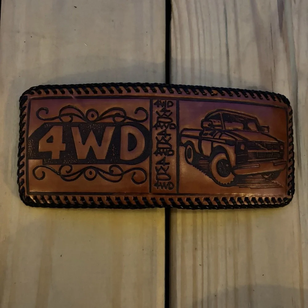 4WD Truck Leather Wallet USA Scene Handmade Whipstitch Bi Fold USA Made New